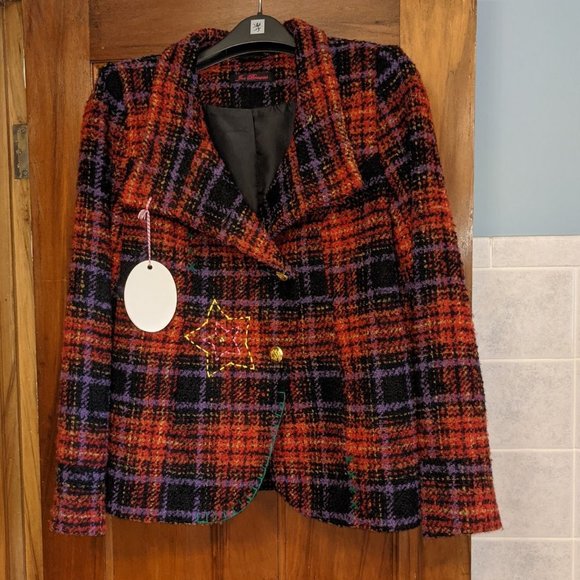 NWT Joe Browns sz 10 red tweed embroidered coat plaid tartan Star - Picture 3 of 8